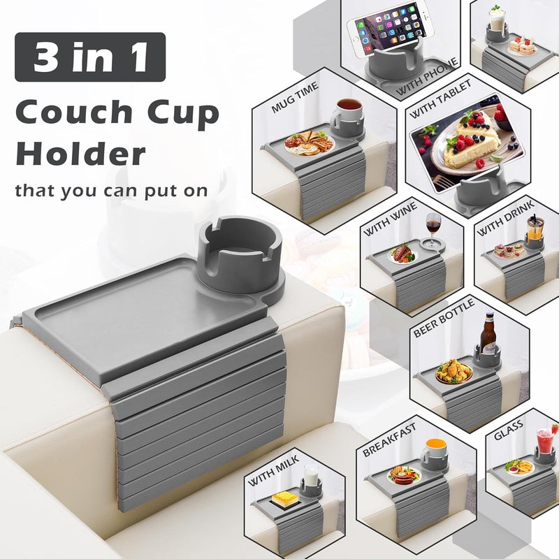 GHKINMAL Couch Cup Holder Tray, Large Couch Arm Table with 360° Ratated Phone Holder, 3 in 1 Bamboo Sofa Armrest Tray with Anti-Slip Couch Organizer for Remote,Cellphone,Snacks - Image 3